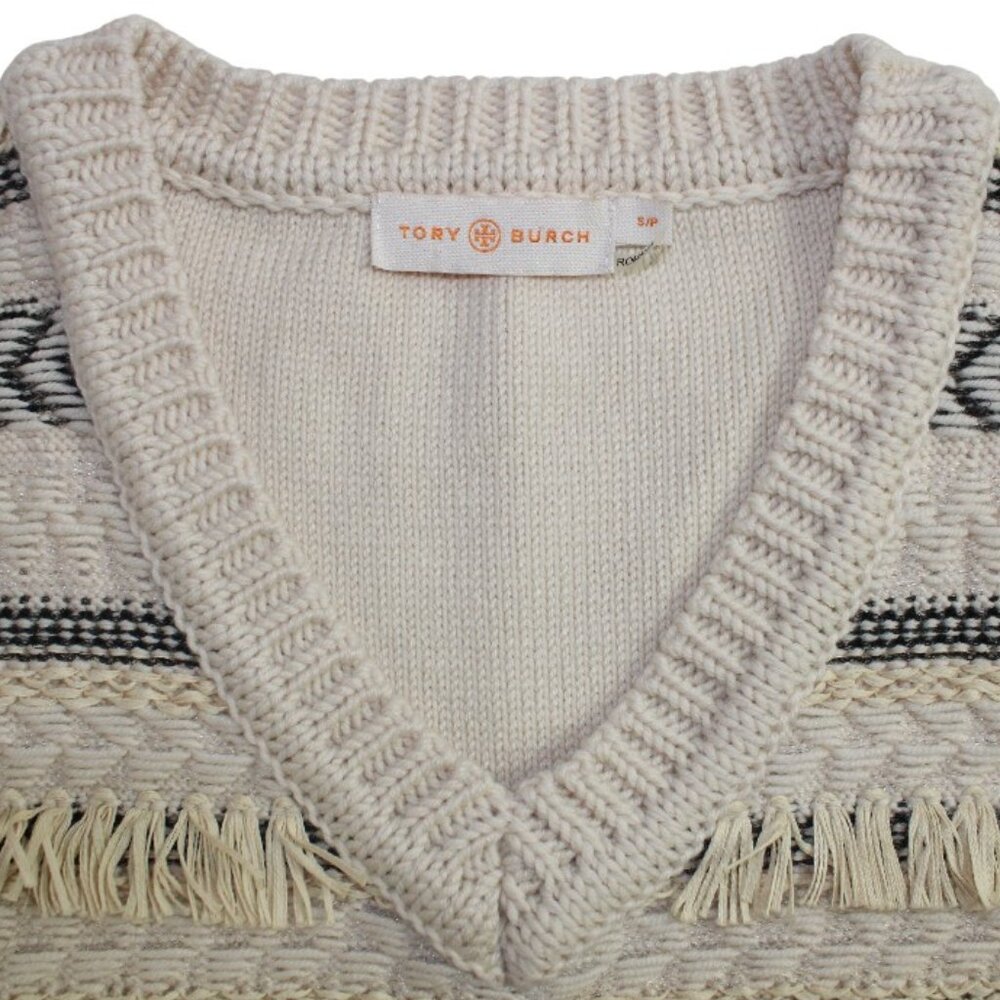 Tory Burch Cream Tiered Fringe Striped Jacquard V-Neck Cable Knit Sweater Vest - Picture 6 of 6